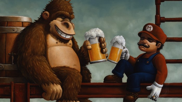 Mario and Donkey Kong drinking beer