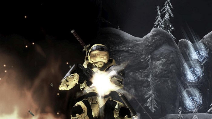 Master Chief firing weapon in snowy landscape