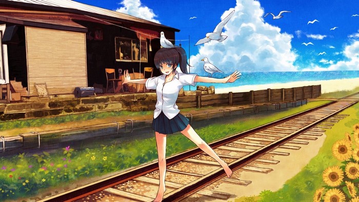 Anime girl with seagulls on train tracks