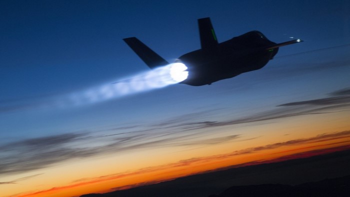Lockheed Martin F-35 Lightning II jet at dusk