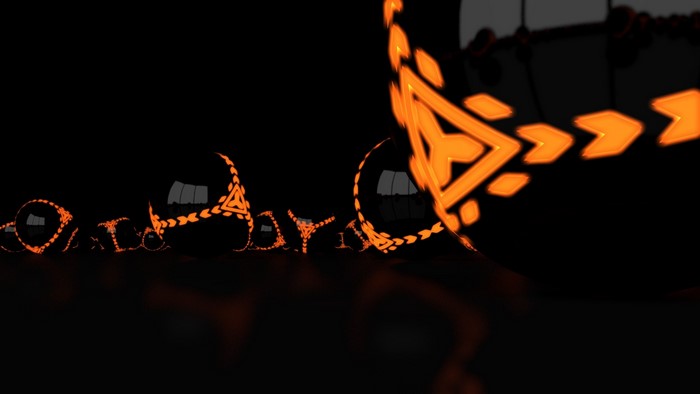 Black spheres with orange glowing patterns on black background