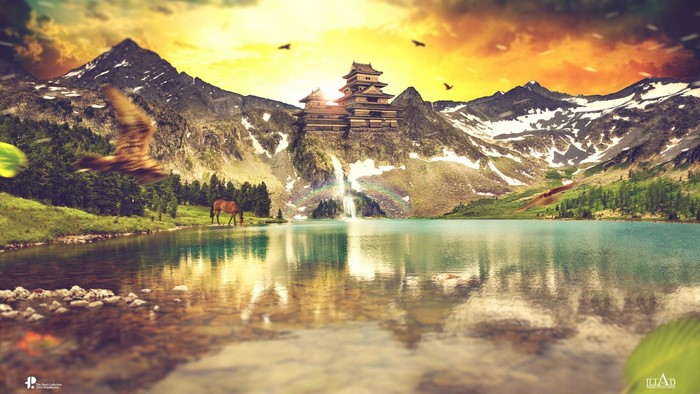 Fantasy Castle on Mountain by Lake at Sunrise
