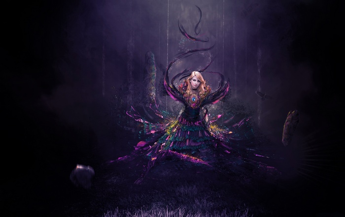 Woman in dark fantasy dress with purple accents
