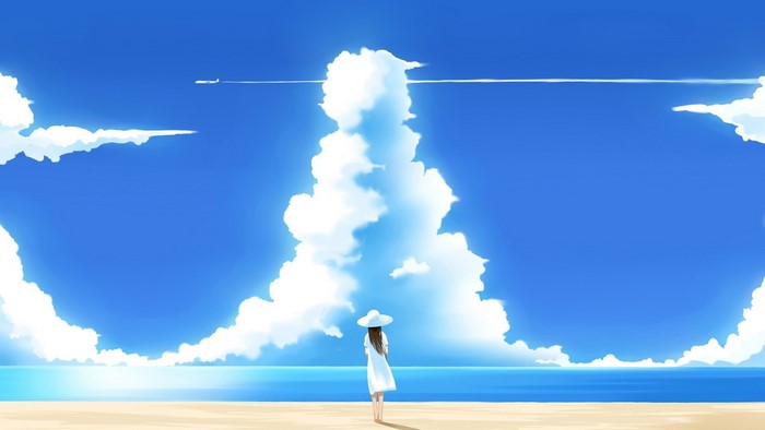 Girl in white dress on beach with clouds and airplane