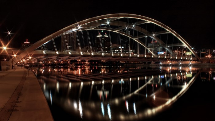 Night view of a modern bridge over a river