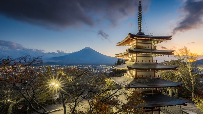 Chureito Pagoda and Mount Fuji at dusk