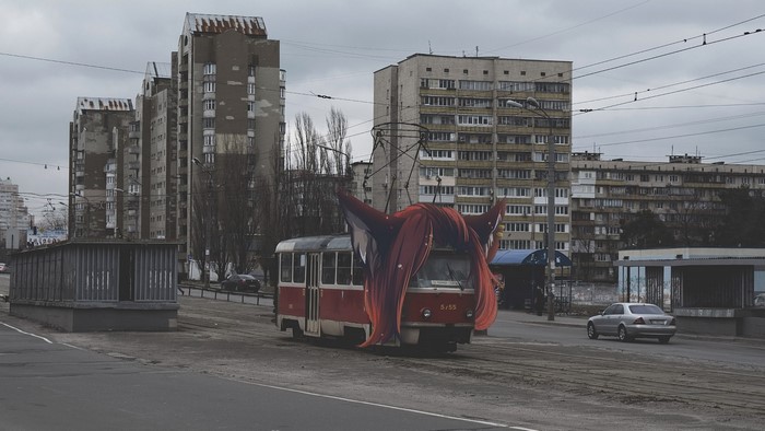 Anime character wig on a tram in a city
