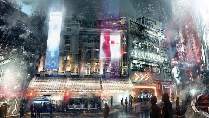Futuristic Cityscape with Neon Signs and Rain