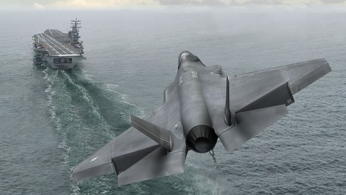 F-35 Jet Flying Near Aircraft Carrier