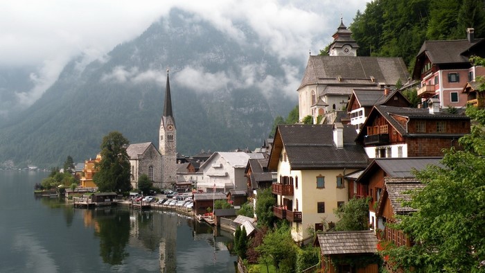 Hallstatt Austria village with lake and mountains
