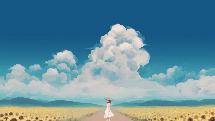 Anime girl in a field of sunflowers under a cloudy sky
