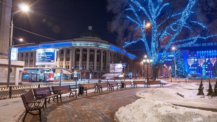 Winter night in Donetsk with blue lights