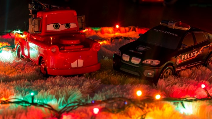 Mater and Police Car Toys with Christmas Lights
