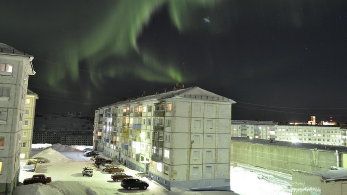 Aurora Borealis over Vorkuta apartment buildings