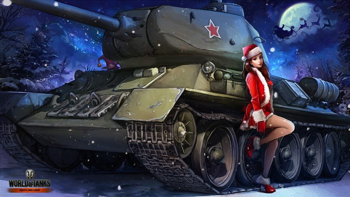 Girl in Santa Outfit with World of Tanks T-34 Tank