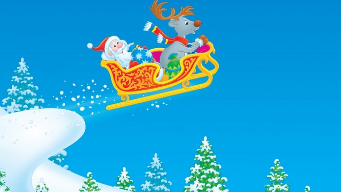 Santa Claus and Reindeer Flying in Sleigh