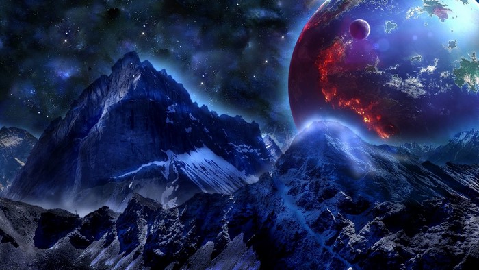 Alien Planet with Mountains and Nebula