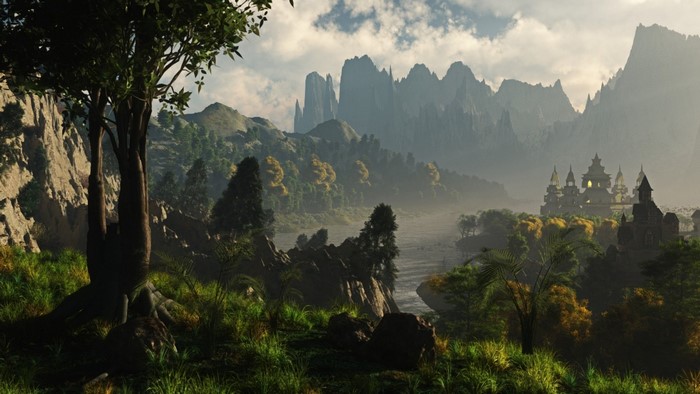 Fantasy landscape with mountains and a castle