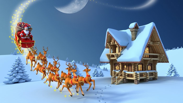 4K Santa Claus Sleighing with Reindeer Over Snowy Cabin