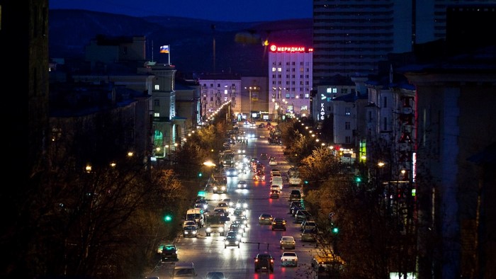 Evening street in Murmansk