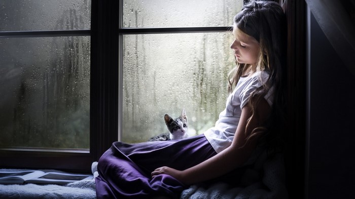 Girl and cat by window on a rainy day