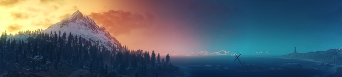 Panorama of a snowy mountain and forest from The Witcher 3: Wild Hunt