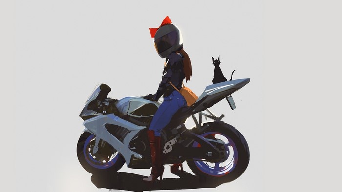 Girl in helmet with red bow on motorcycle with black cat
