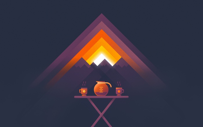 Illustration of a sunset over mountains with coffee