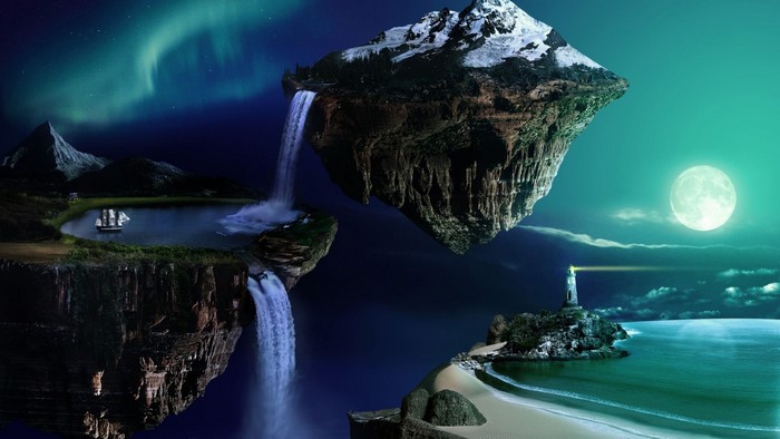 Floating islands with waterfalls and a lighthouse under the aurora