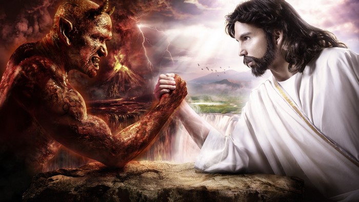 Jesus Christ versus the Devil arm wrestling