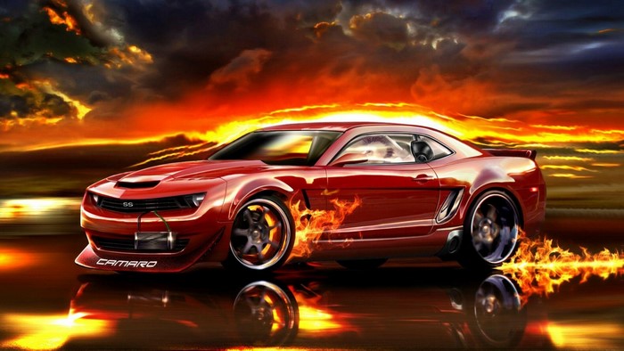 Red Camaro SS on Fire