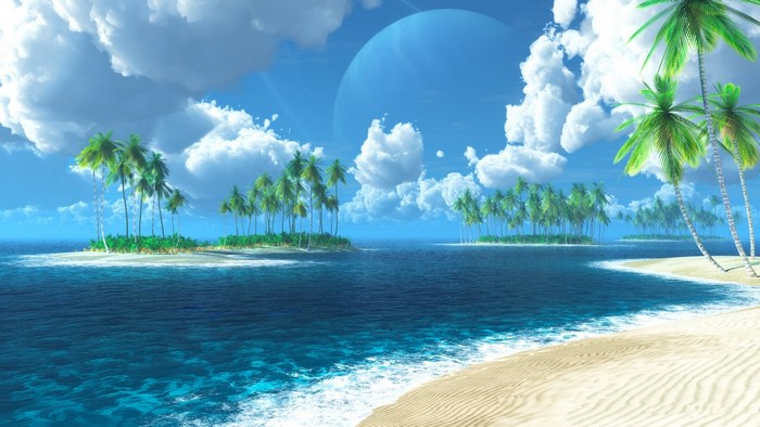 Tropical Islands with Palm Trees and a Large Planet