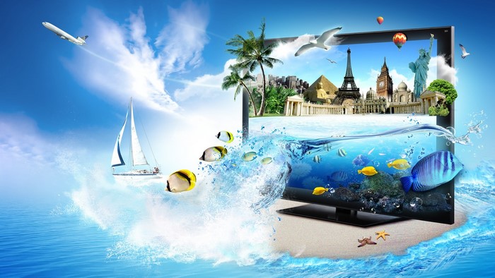 Travel montage with landmarks and underwater scene
