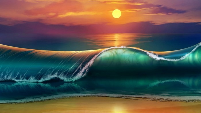 Wave crashing on a beach at sunset