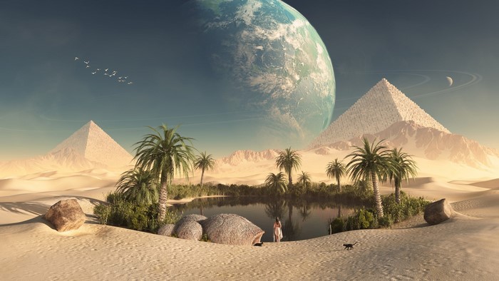 Alien Oasis with Pyramids and Giant Planet