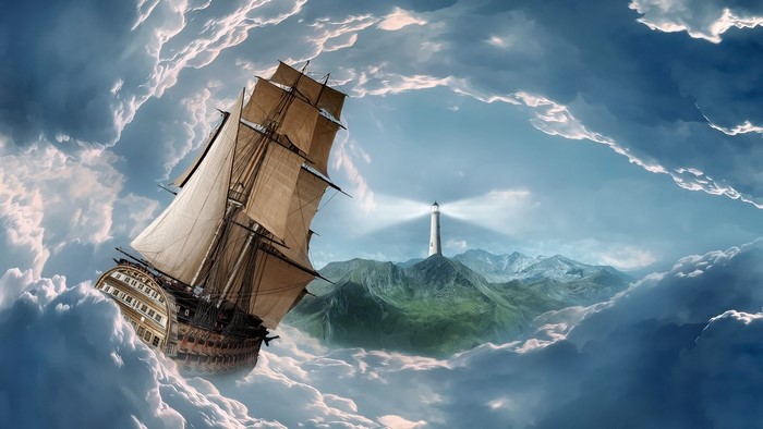 Sailboat sailing through clouds towards a lighthouse