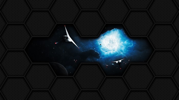 Spaceships near a bright blue nebula
