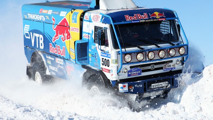 KAMAZ truck with Red Bull and VTB logos in snow