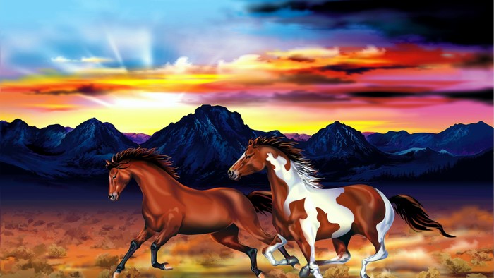 4K Horses Running at Sunset