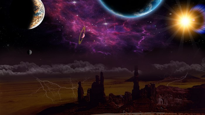 4K Planets in Nebula and Desert Landscape