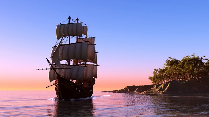 A tall ship sails on the ocean near an island.