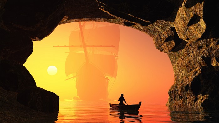 4K Cave with Ship and Rowboat