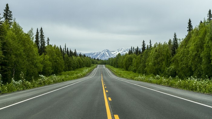 Road through forest to snow-capped mountains