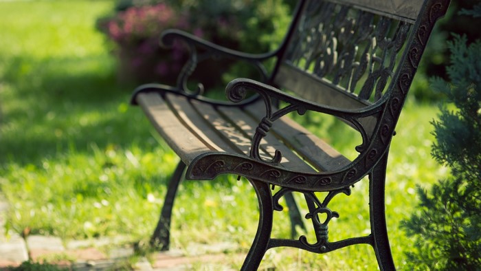 Ornate metal park bench in a garden