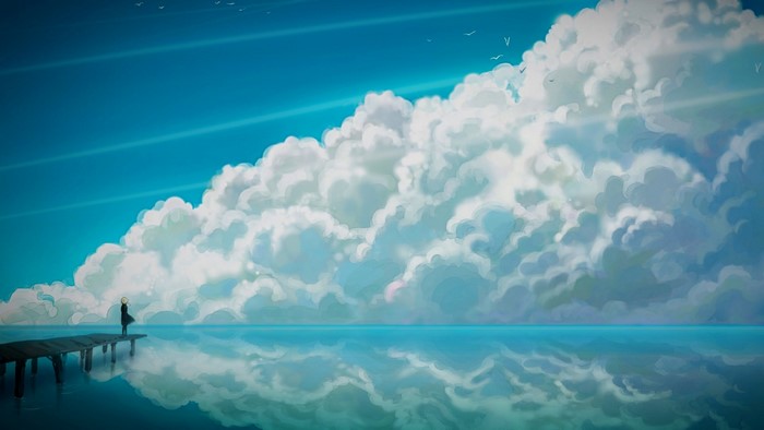 Anime girl on a dock under a cloudy sky