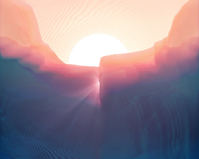 Desert canyon at sunrise with sunbeams