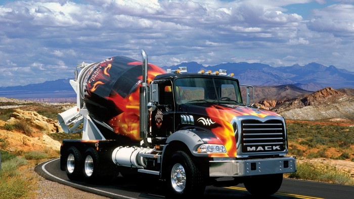 Mack Cement Mixer Truck with Flame Graphics
