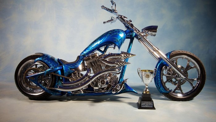 Custom Blue Flame Chopper Motorcycle with Trophy