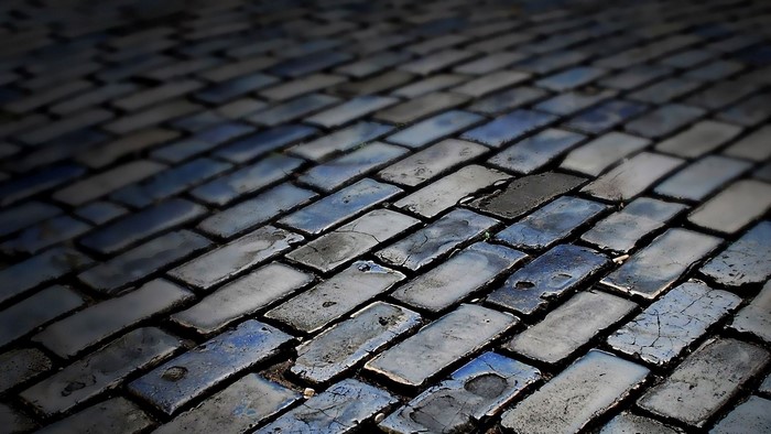 Cobblestone street with blue and gray bricks