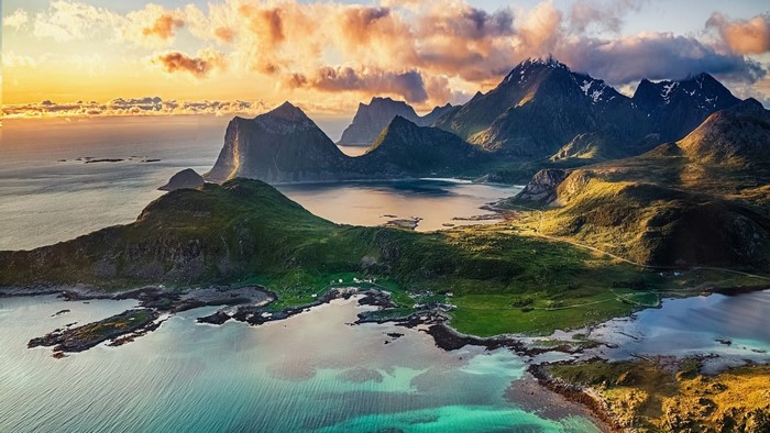 Aerial view of Lofoten Islands, Norway at sunset